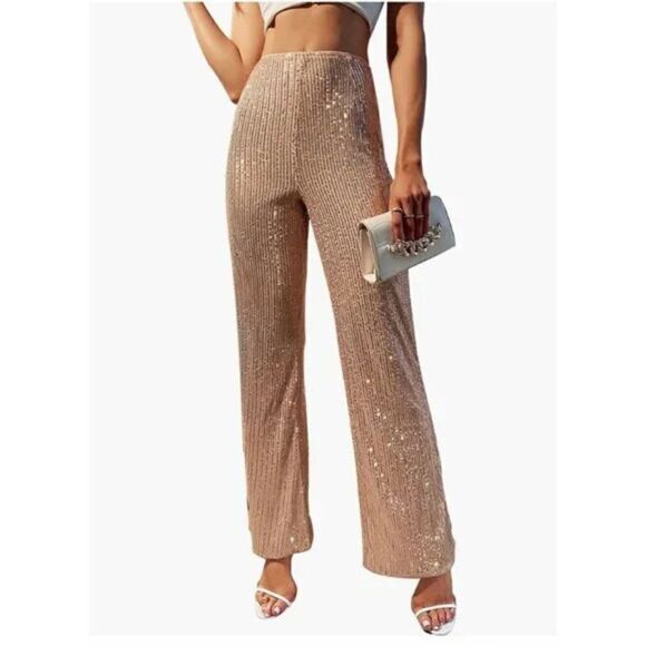 Champagne Gold Sequin High Waist Elastic Flare Bell Bottom Palazzo Trouser Pants - Picture 5 of 8